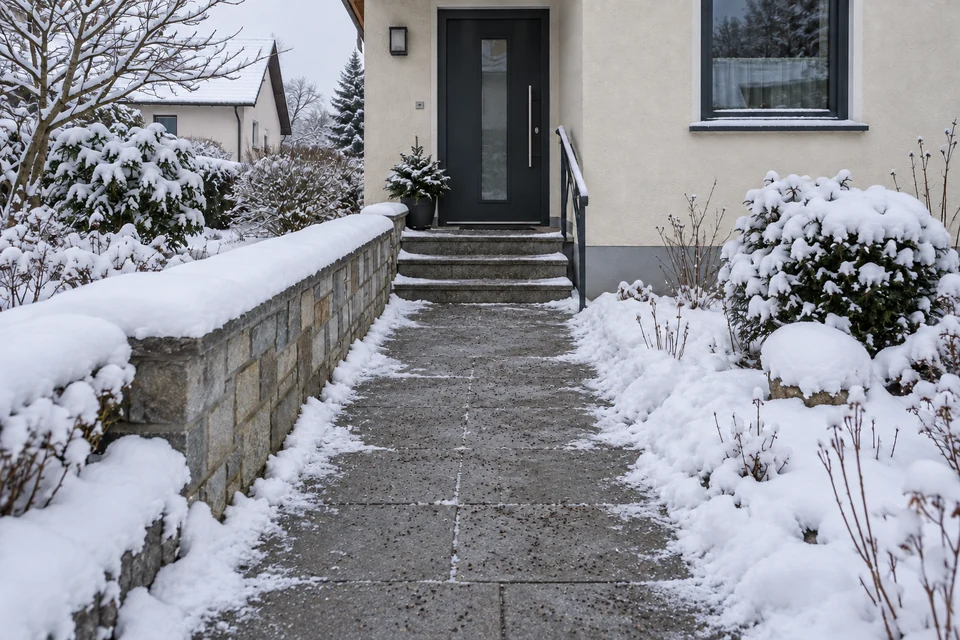 Beispiel nach dem Winterdienst: derselbe Zugang geräumt und mit Streugut versehen, Schnee bleibt neben dem Weg.