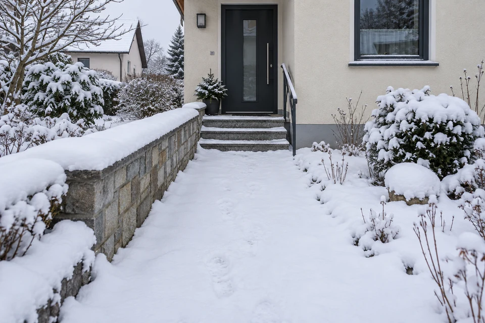 Beispiel vor dem Winterdienst: verschneiter Hauszugang und schneebedeckte Stufen.